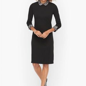 Talbots Black Dress removable Leopard Print Collar cuffs 100% cotton 14